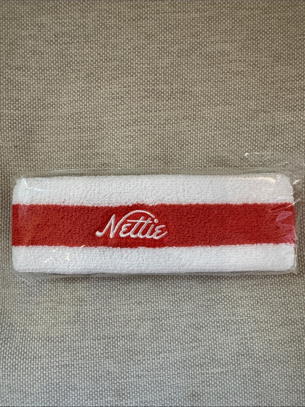 Set of 2 Nettie Terry Cloth Headbands in White + Red Stripe. New in package